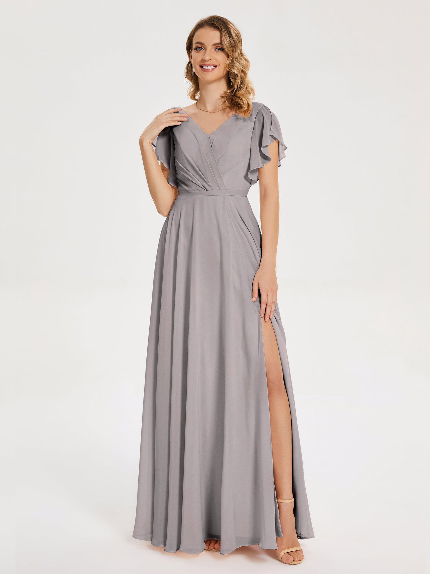 Kate V-neck Pleats Chiffon Bridesmaid Dress with Ruffles