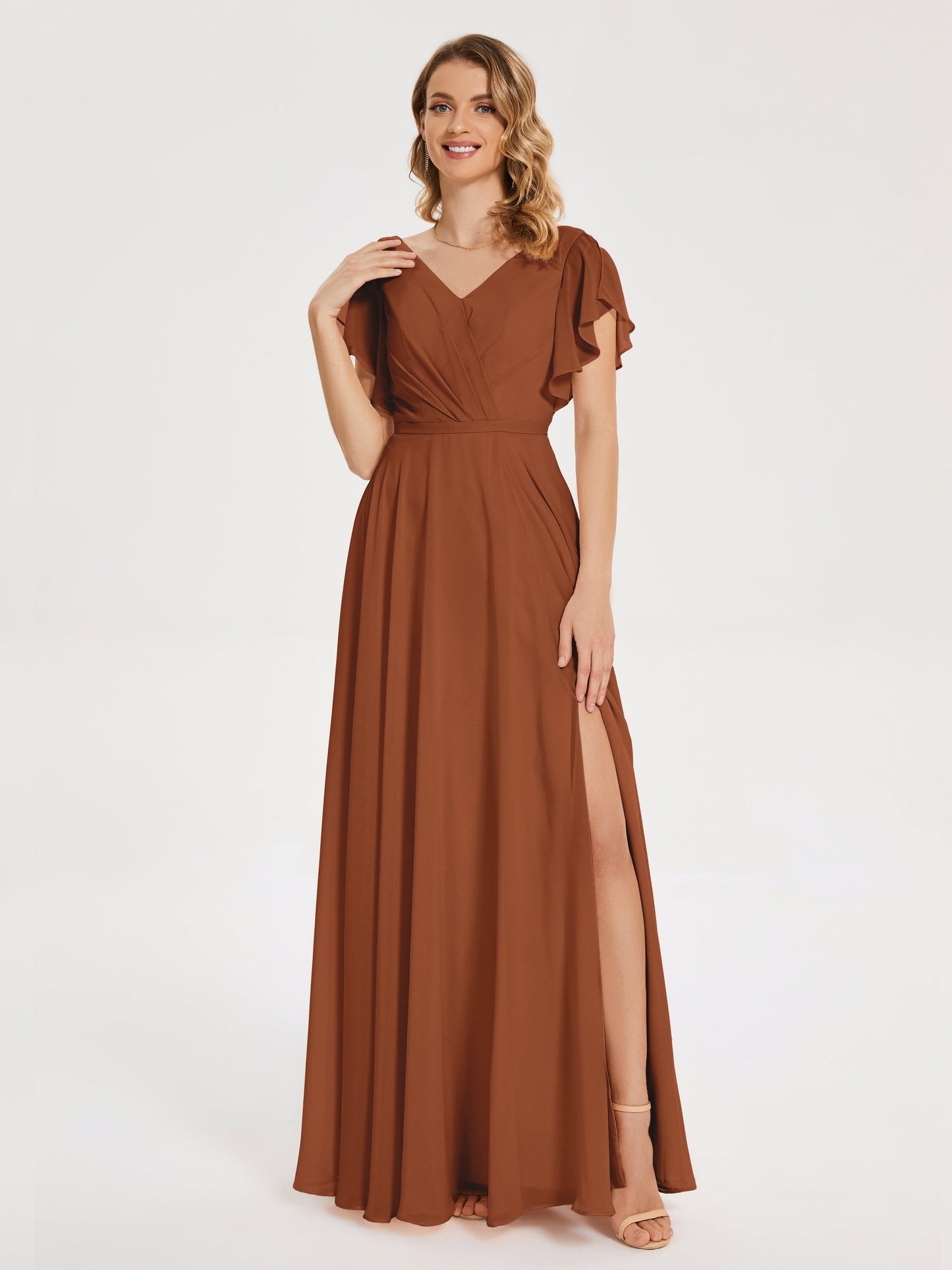 Kate V-neck Pleats Chiffon Bridesmaid Dress with Ruffles
