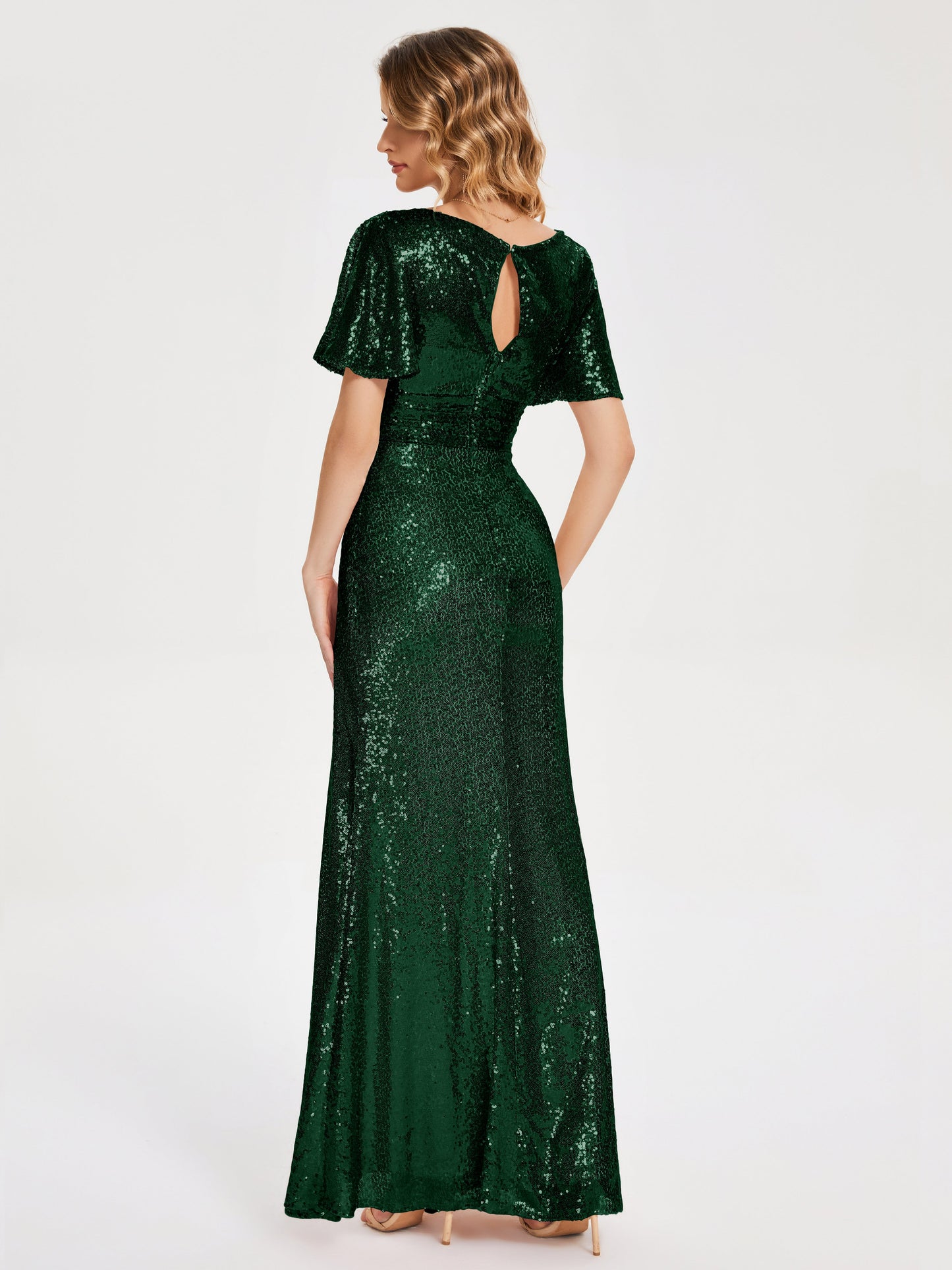 Gabrielle V-neck Short Sleeves Sequins Bridesmaid Dress with Slit