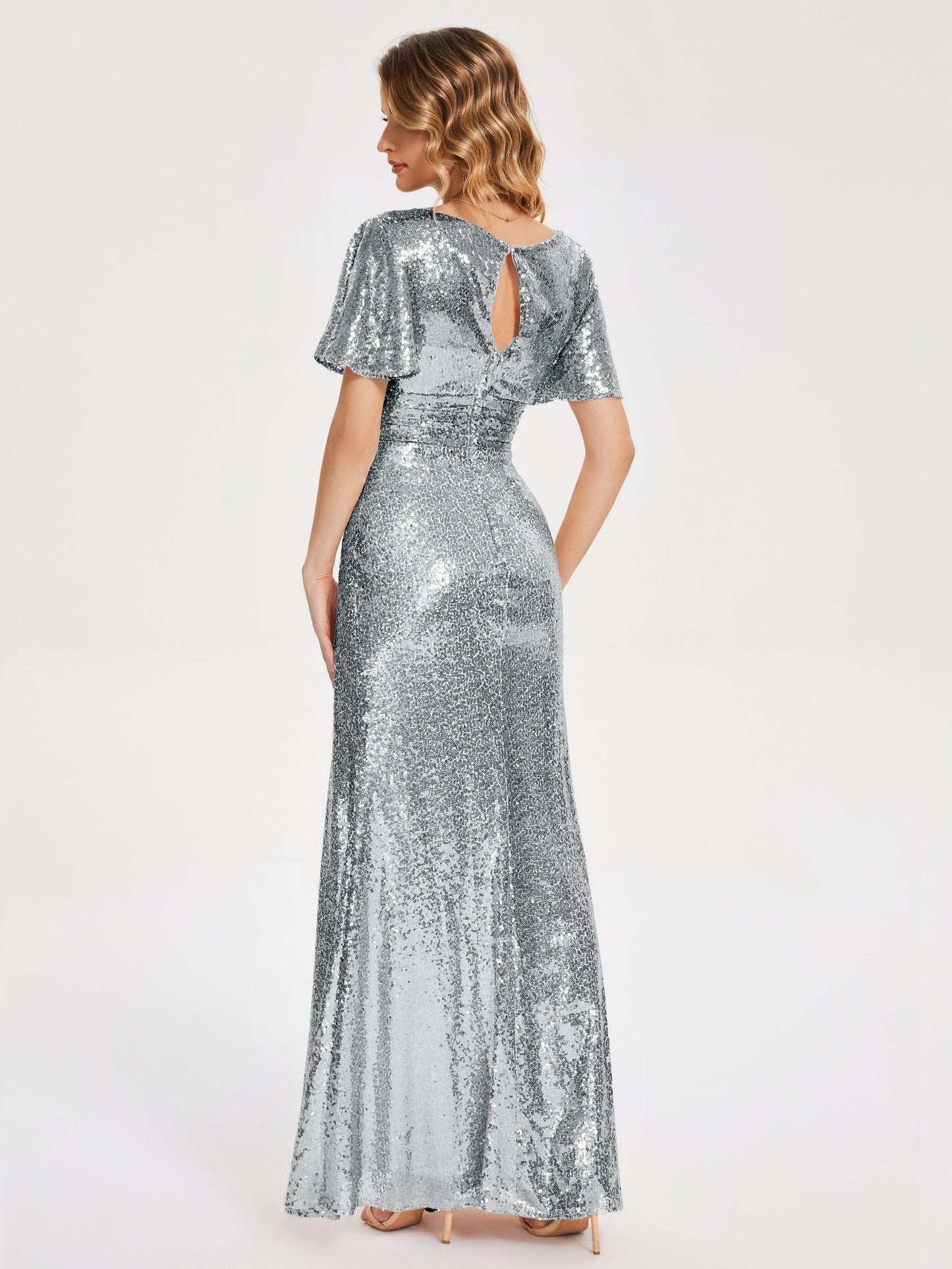 Gabrielle V-neck Short Sleeves Sequins Bridesmaid Dress with Slit
