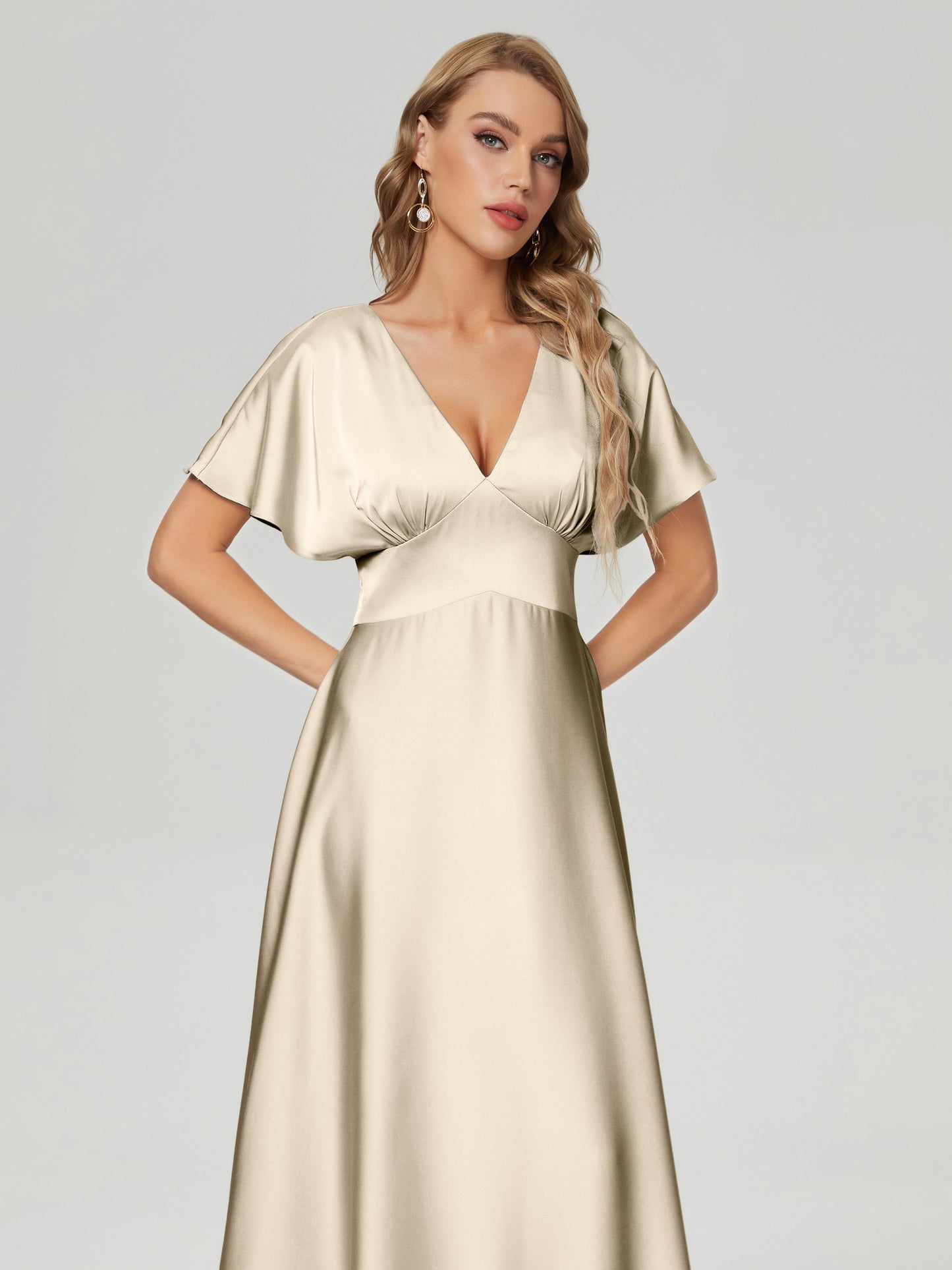 Ariah V-neck Short Sleeves Soft Satin Bridesmaid Dress