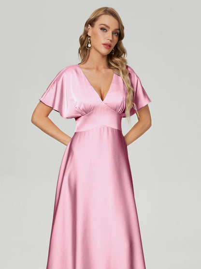 Ariah V-neck Short Sleeves Soft Satin Bridesmaid Dress