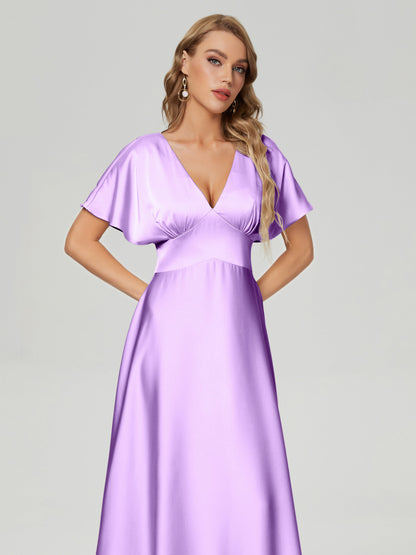 Ariah V-neck Short Sleeves Soft Satin Bridesmaid Dress