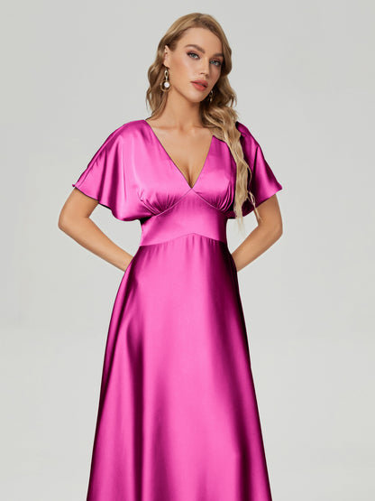 Ariah V-neck Short Sleeves Soft Satin Bridesmaid Dress