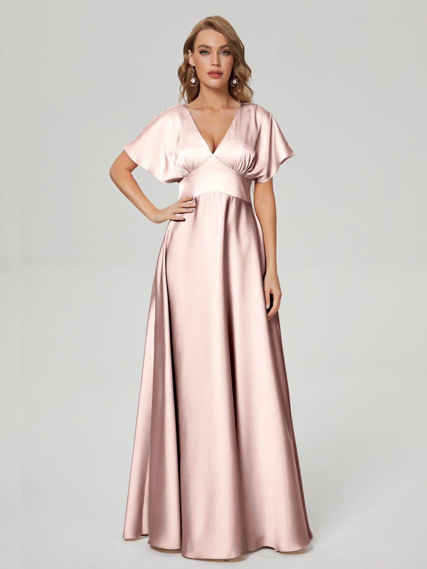Ariah V-neck Short Sleeves Soft Satin Bridesmaid Dress