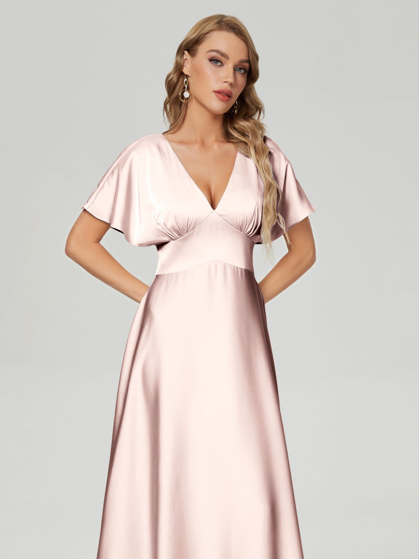 Ariah V-neck Short Sleeves Soft Satin Bridesmaid Dress