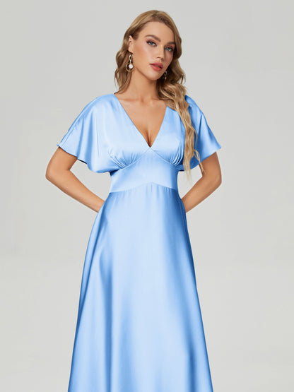 Ariah V-neck Short Sleeves Soft Satin Bridesmaid Dress