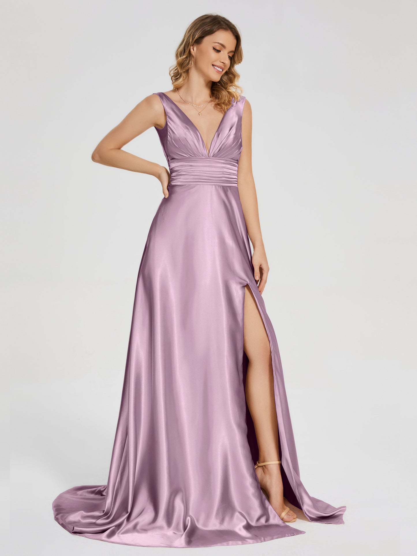Kali V-neck V-back Soft Satin Bridesmaid Dress with Training