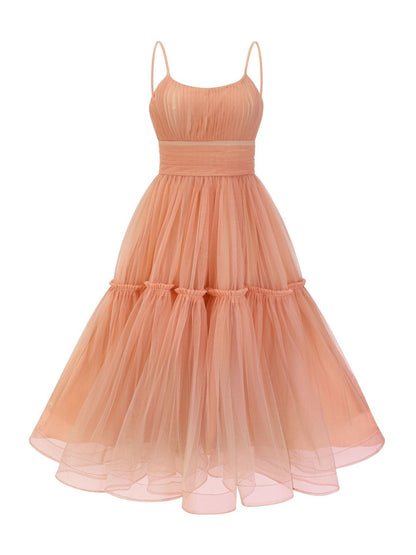 Spaghetti Straps A-line Tea Length Tulle Bridesmaid Dresses