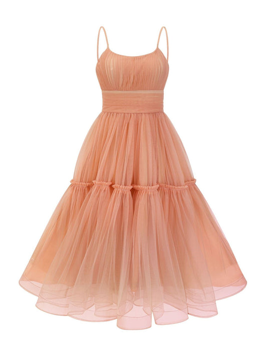 Spaghetti Straps A-line Tea Length Tulle Bridesmaid Dresses