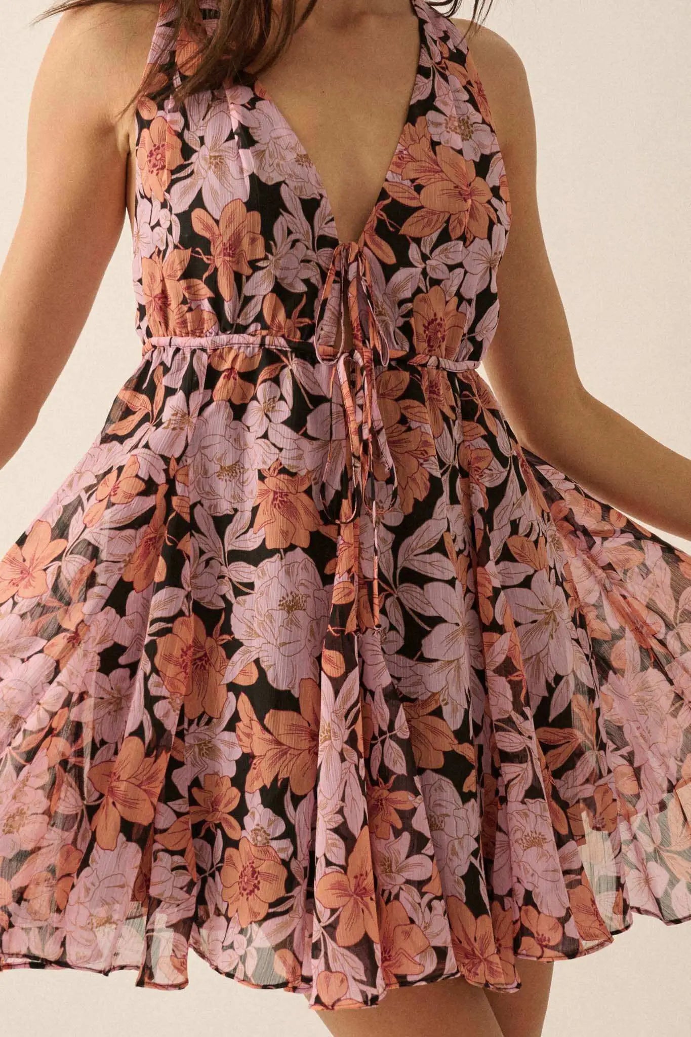 Bali Beauty Floral Chiffon Plunge-Front Mini Dress