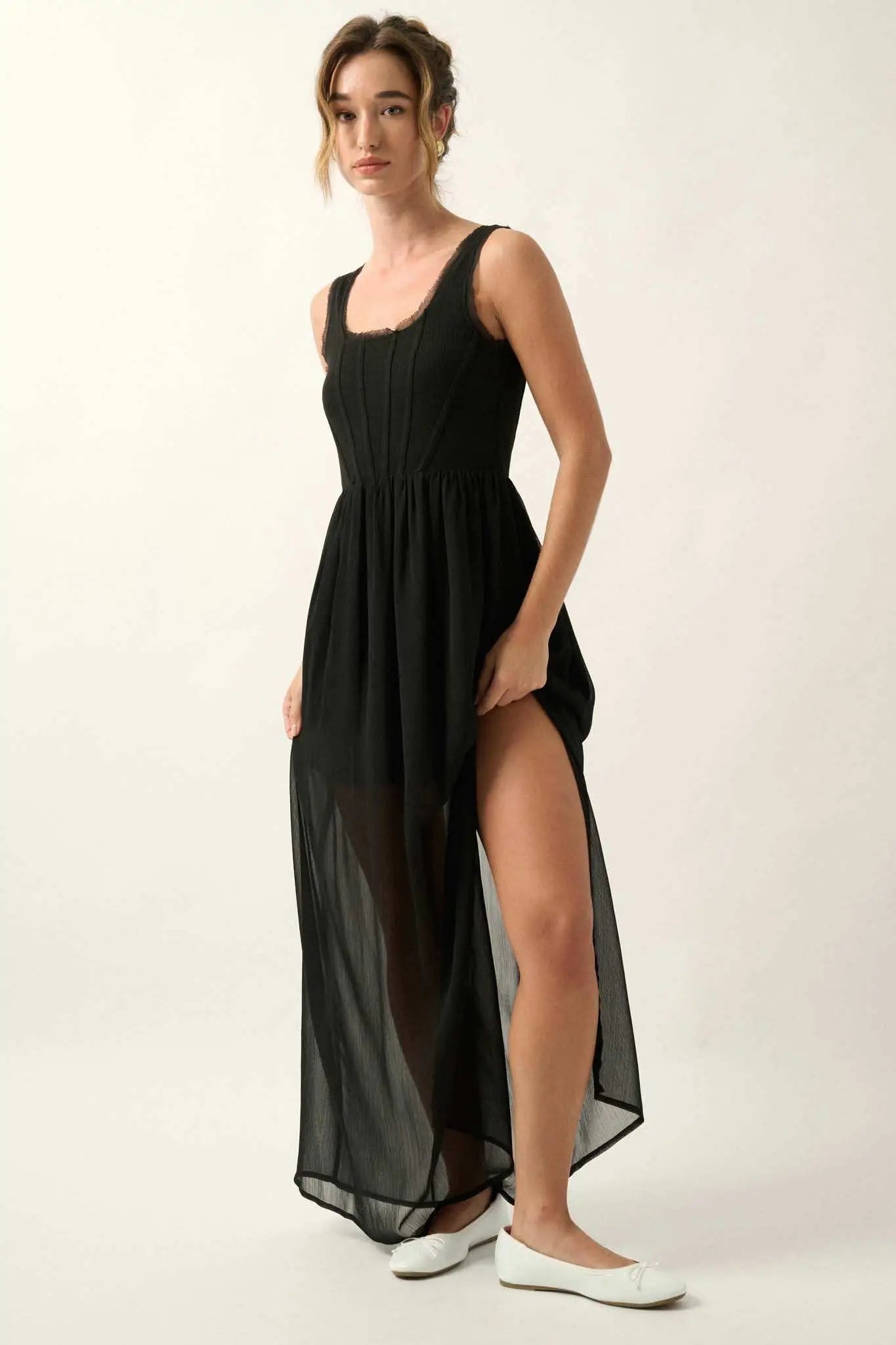 Perfect Afternoon Chiffon and Rib-Knit Maxi Dress