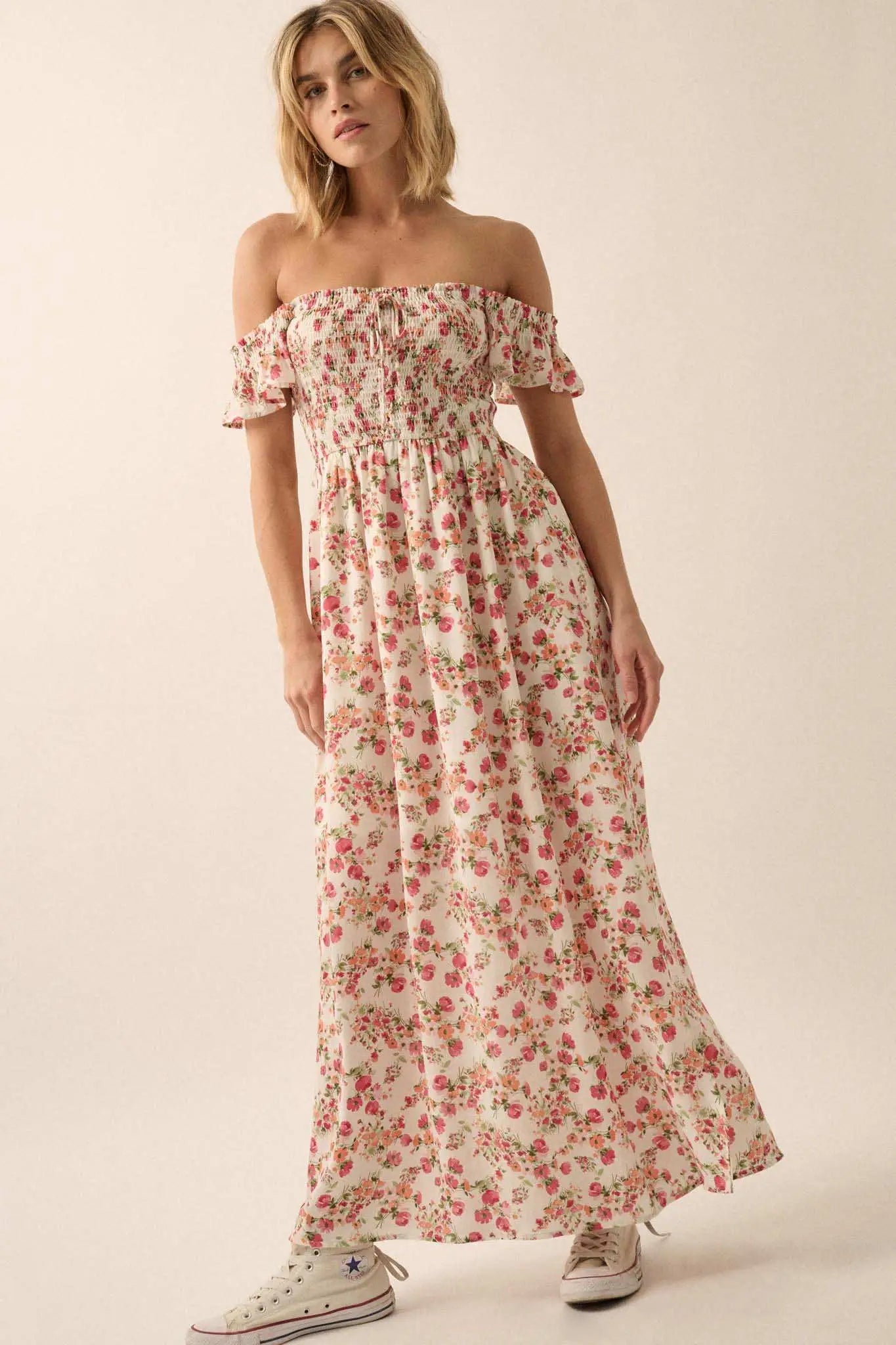 Budding Joy Smocked Floral Off-Shoulder Maxi Dress