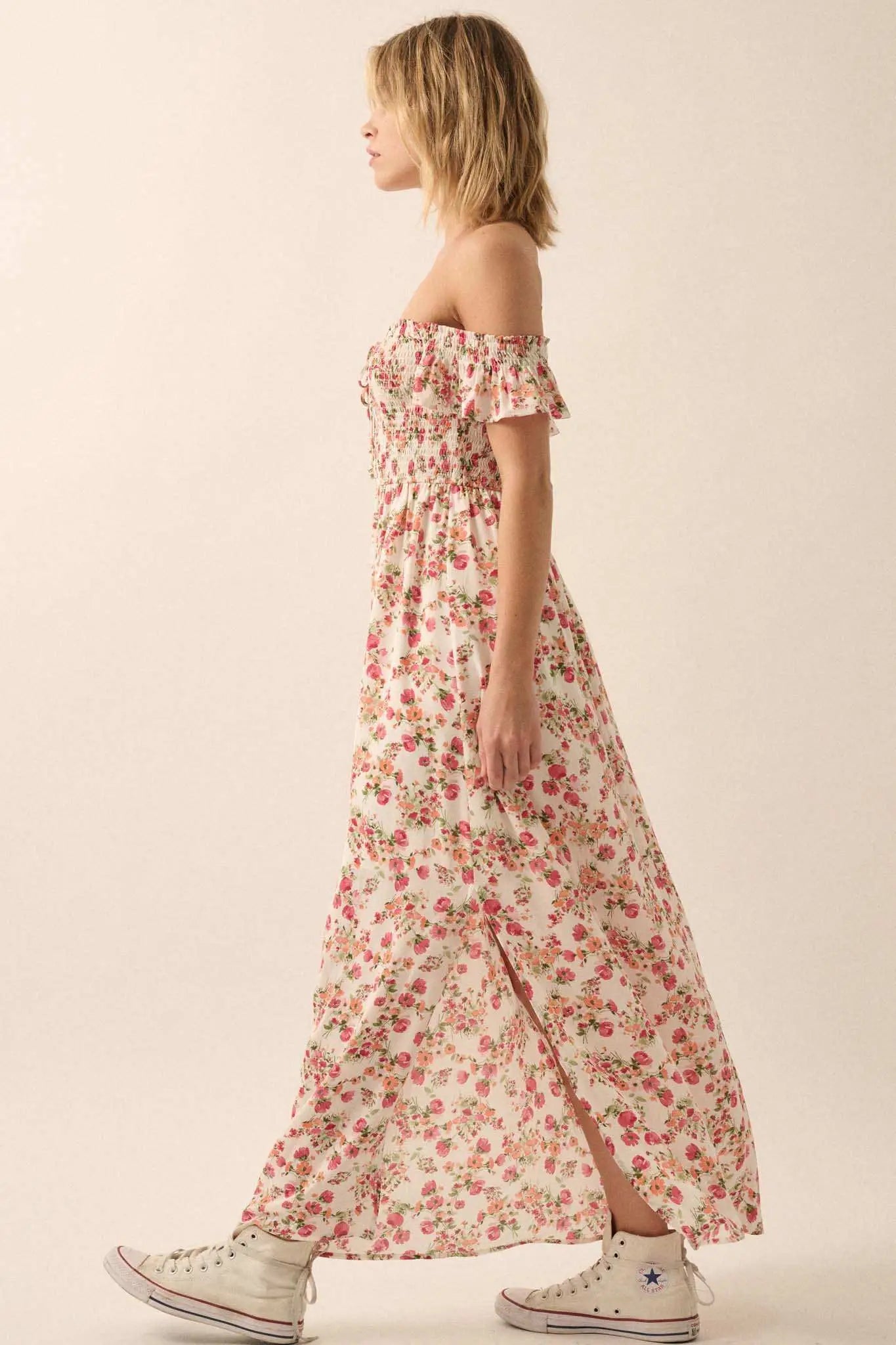 Budding Joy Smocked Floral Off-Shoulder Maxi Dress
