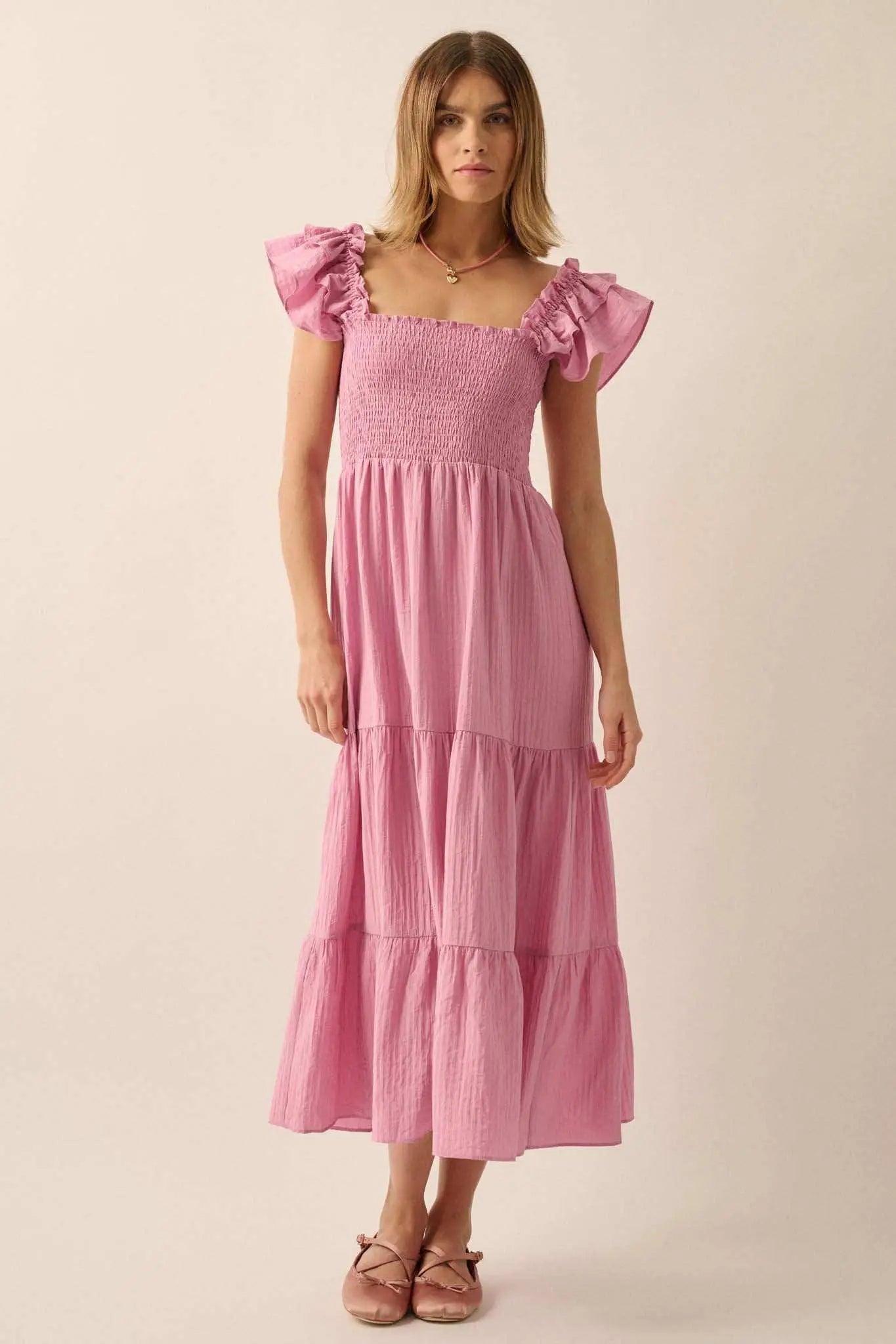 Spring Fling Textured Stripe Ruffle Midi Dress