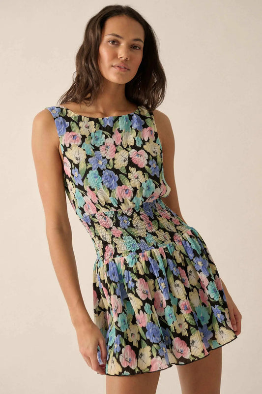 Rainbow Blooms Pleated Floral Mini Dress