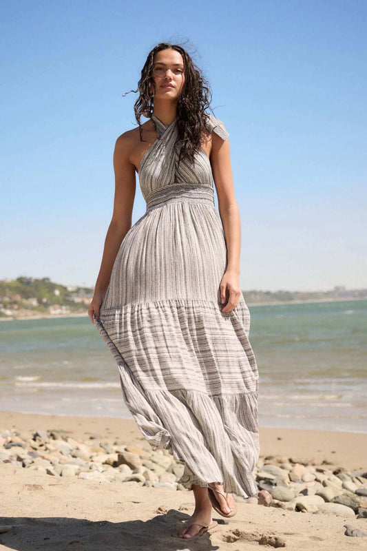 Soul Journey Striped Cross-Front Halter Maxi Dress