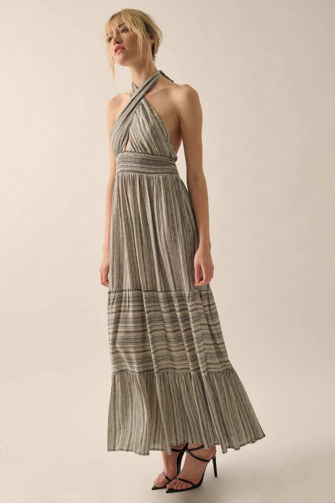 Soul Journey Striped Cross-Front Halter Maxi Dress