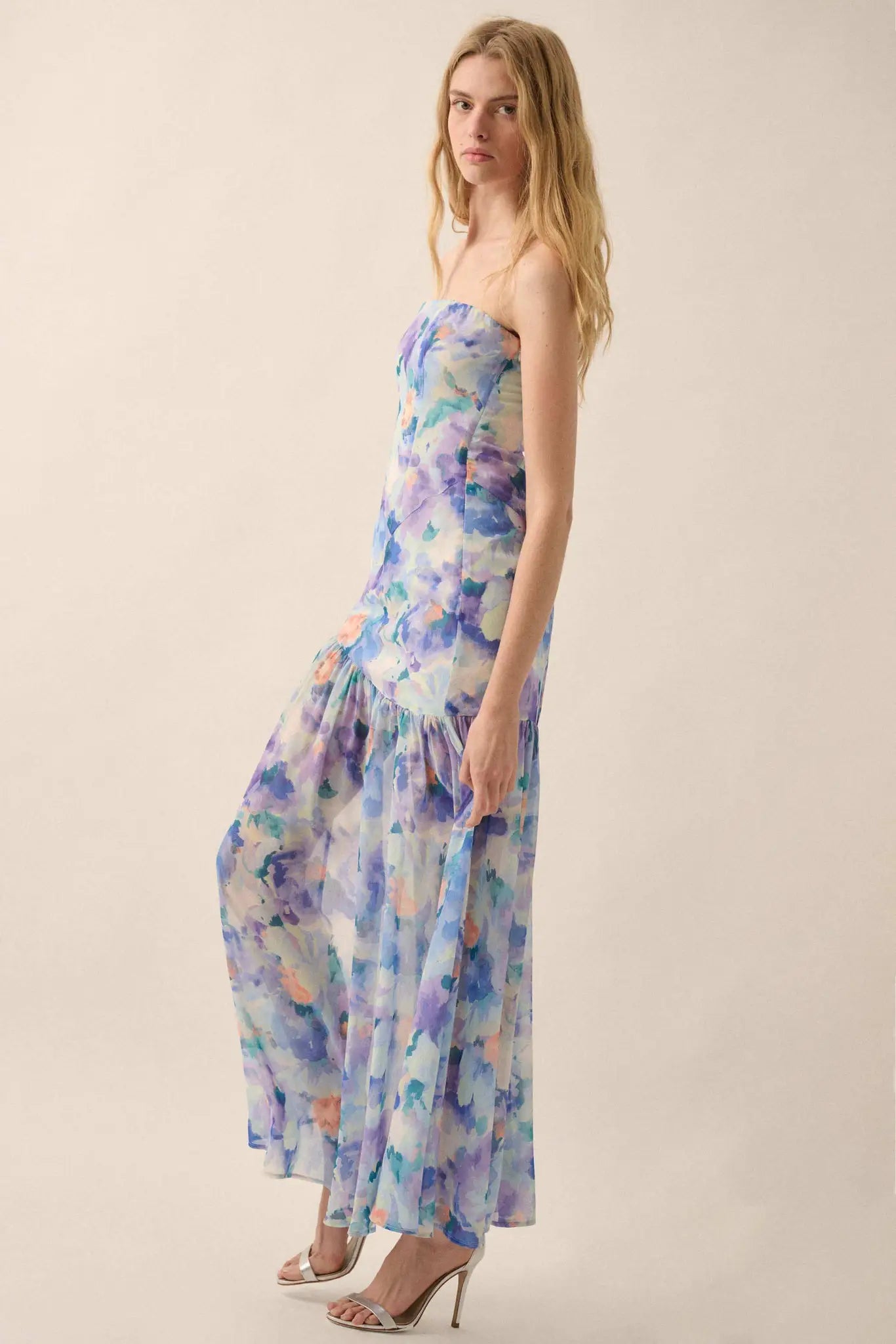 Garden Glow Floral Chiffon Strapless Maxi Dress