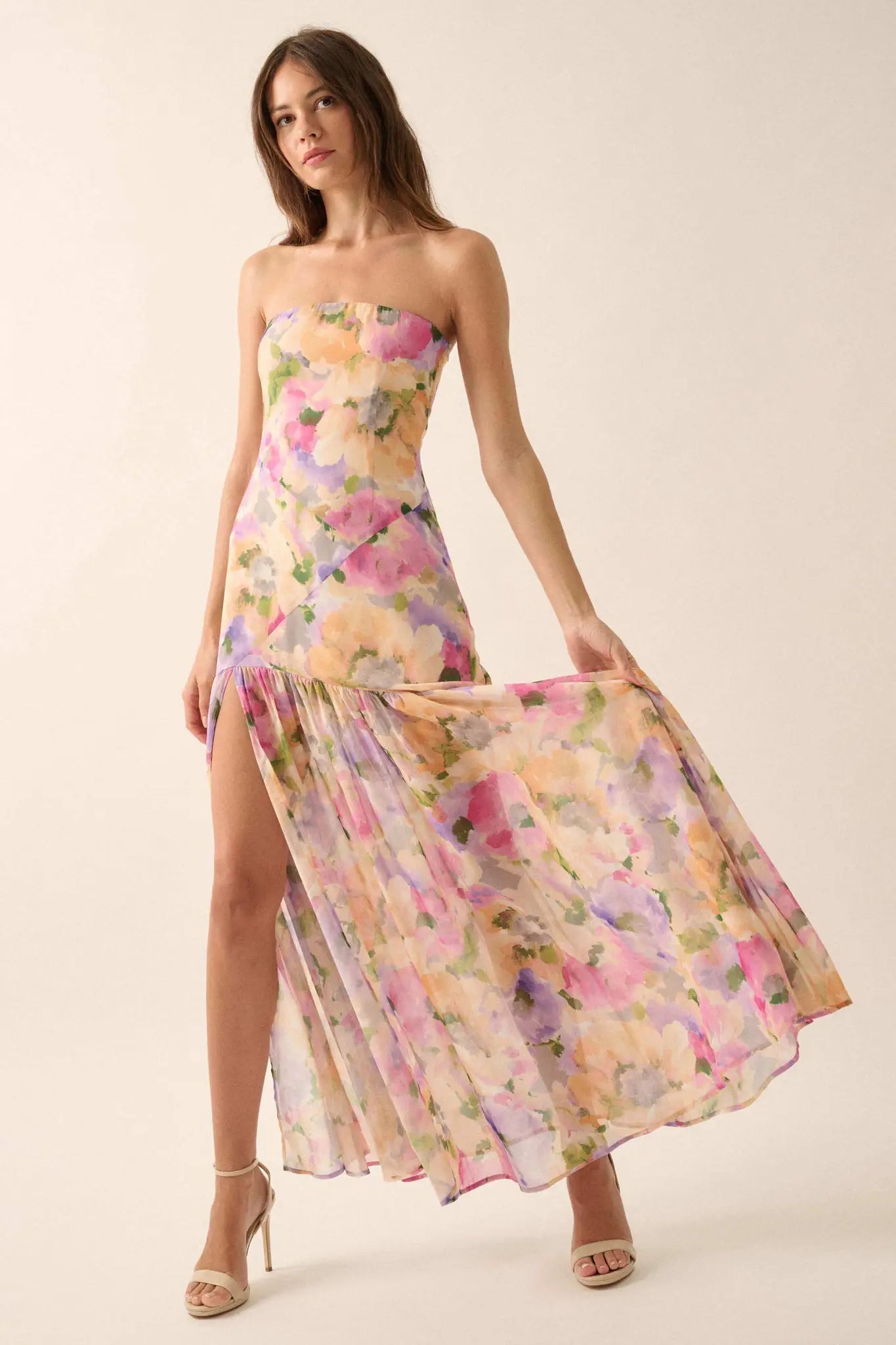 Garden Glow Floral Chiffon Strapless Maxi Dress