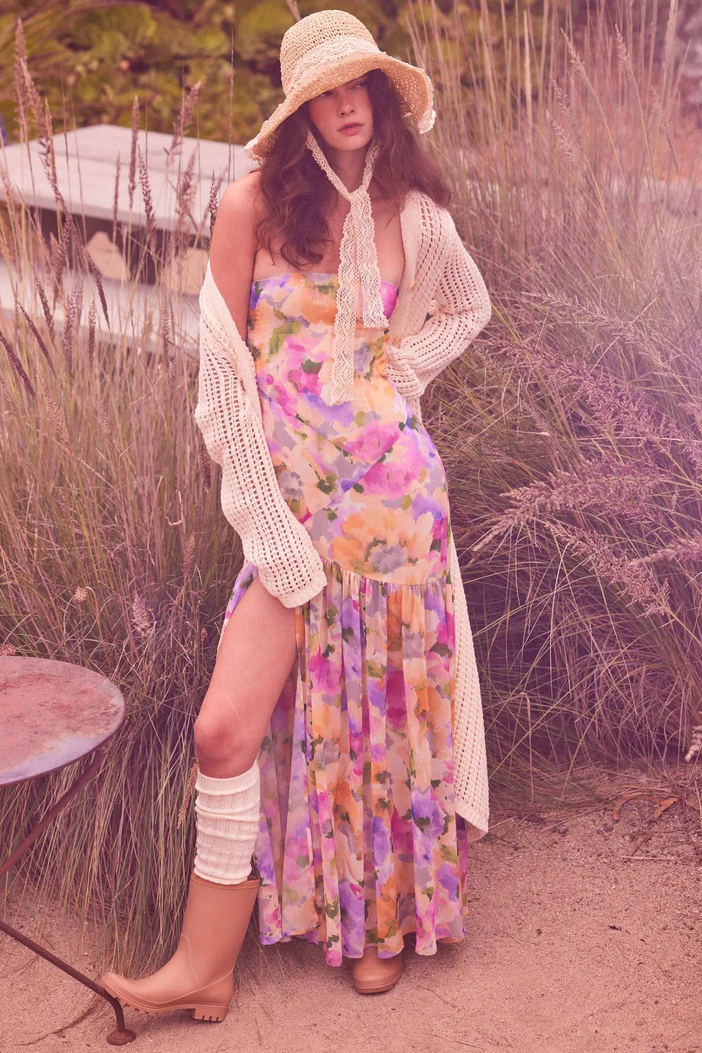 Garden Glow Floral Chiffon Strapless Maxi Dress