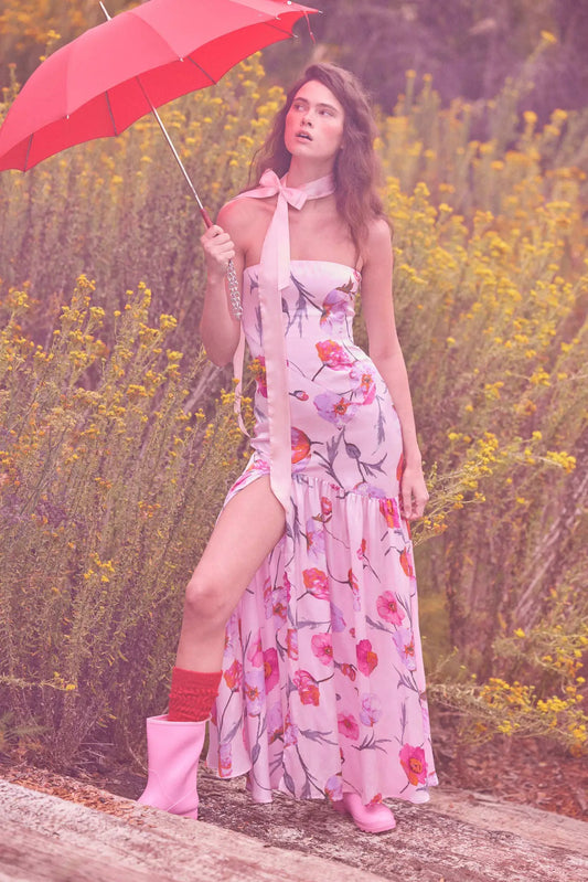 Eternal Spring Floral Satin Strapless Maxi Dress