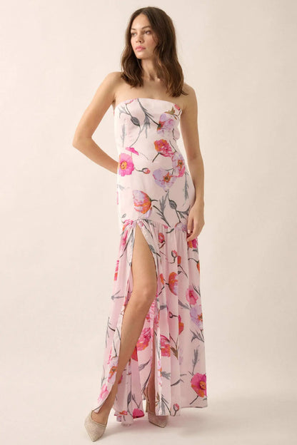 Eternal Spring Floral Satin Strapless Maxi Dress
