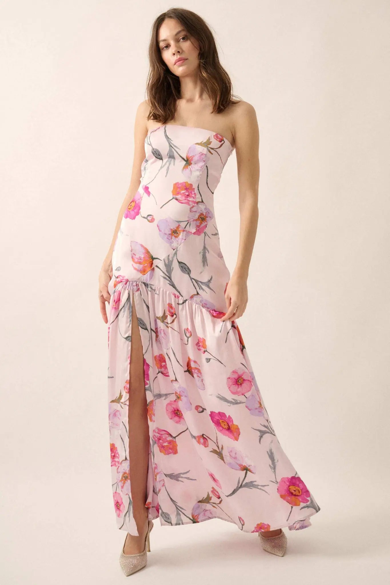Eternal Spring Floral Satin Strapless Maxi Dress