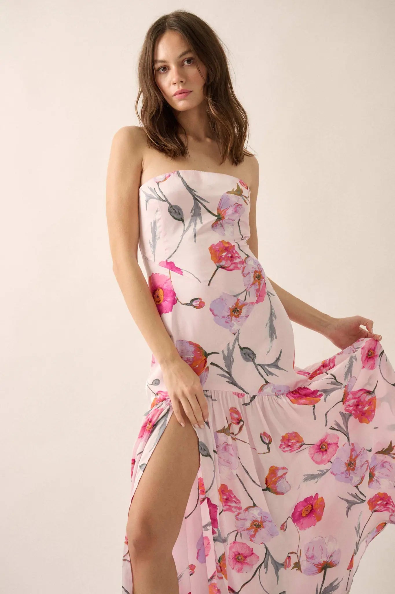 Eternal Spring Floral Satin Strapless Maxi Dress
