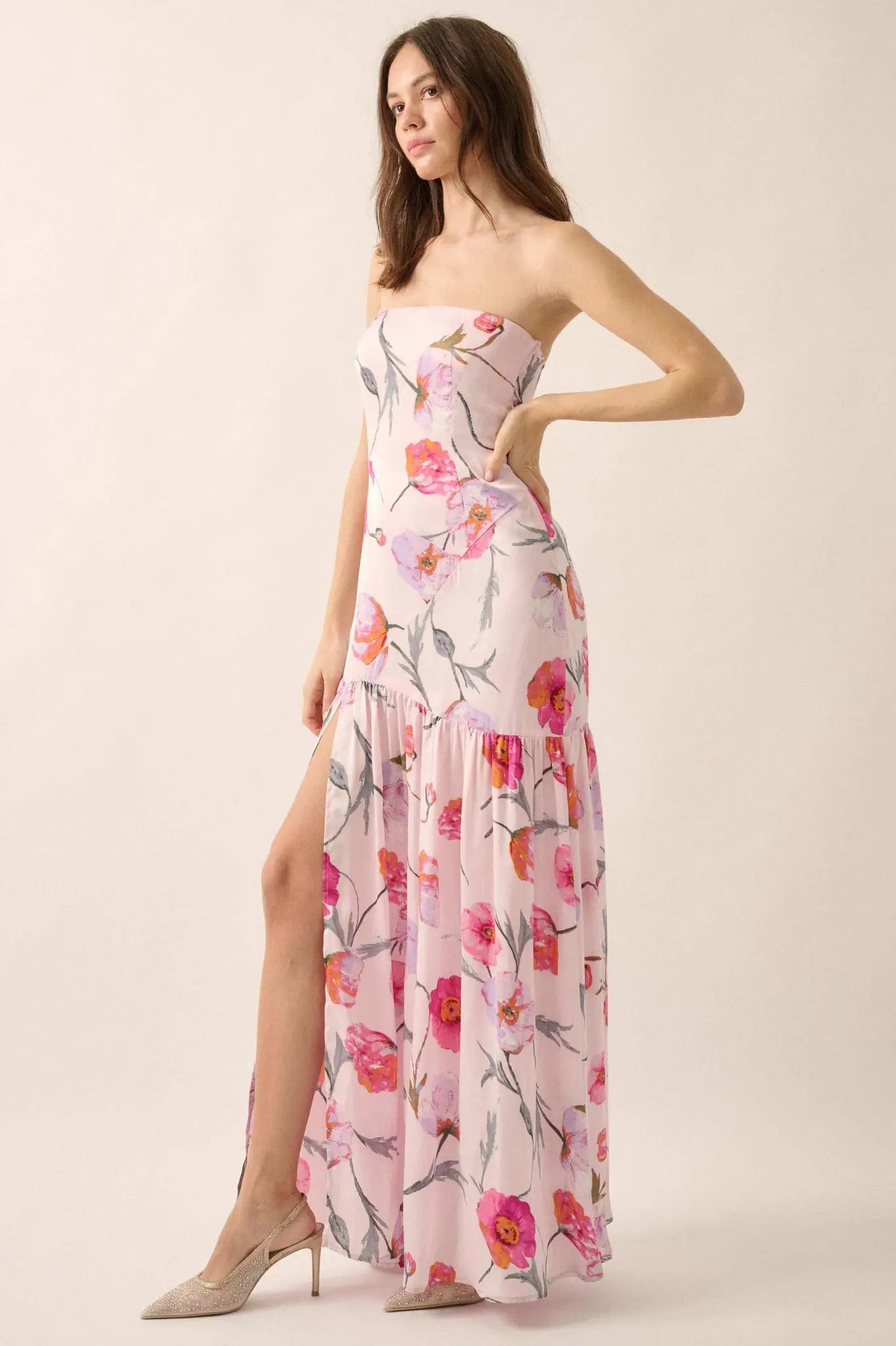 Eternal Spring Floral Satin Strapless Maxi Dress