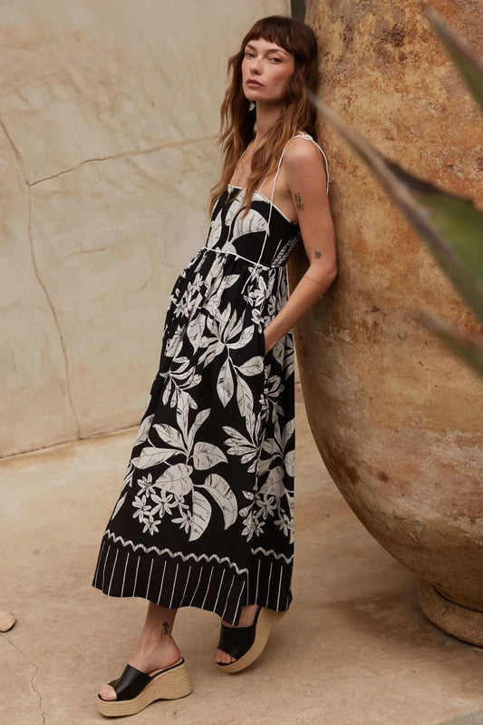 Botanical Beauty Tropical High-Waist Midi Dress