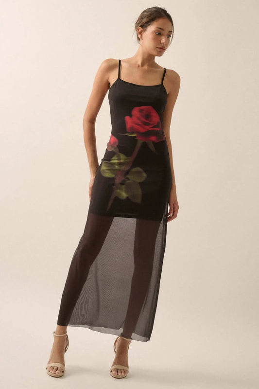Kiss From a Rose Printed Mesh Layered Maxi Dress