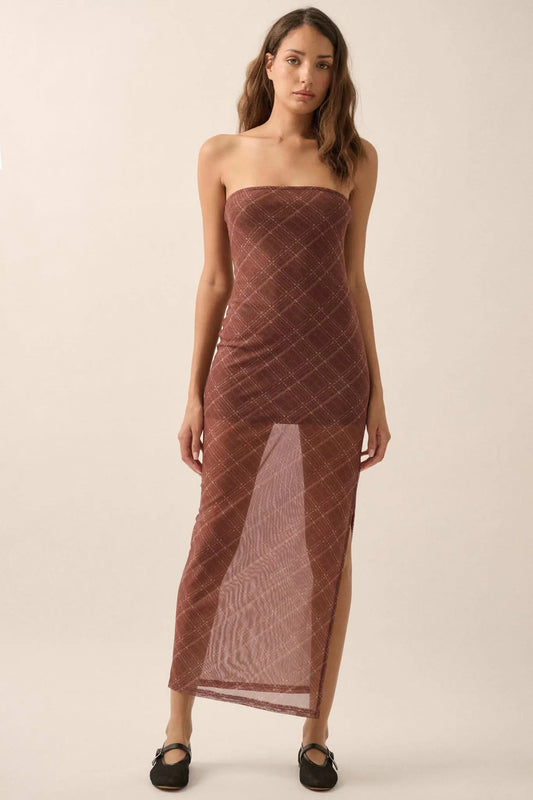 Plaid Vibes Strapless Plaid Mesh Maxi Dress