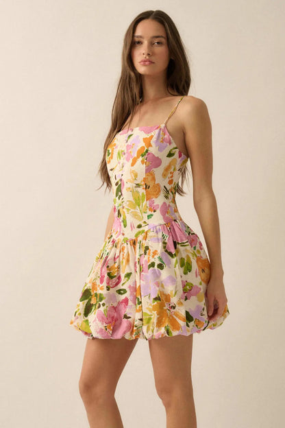 Delicate Dawn Floral Drop-Waist Bubble Mini Dress