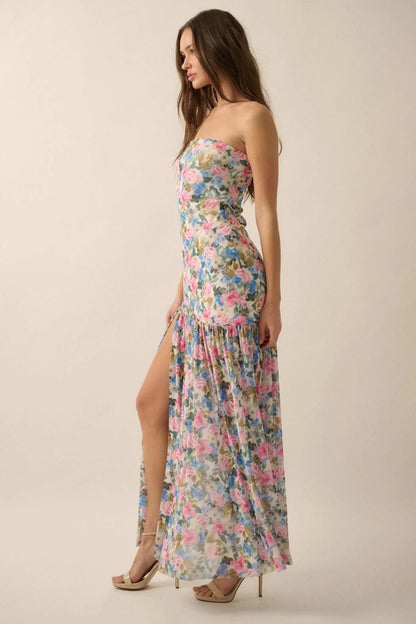 Fresh Petals Strapless Floral Mesh Maxi Dress