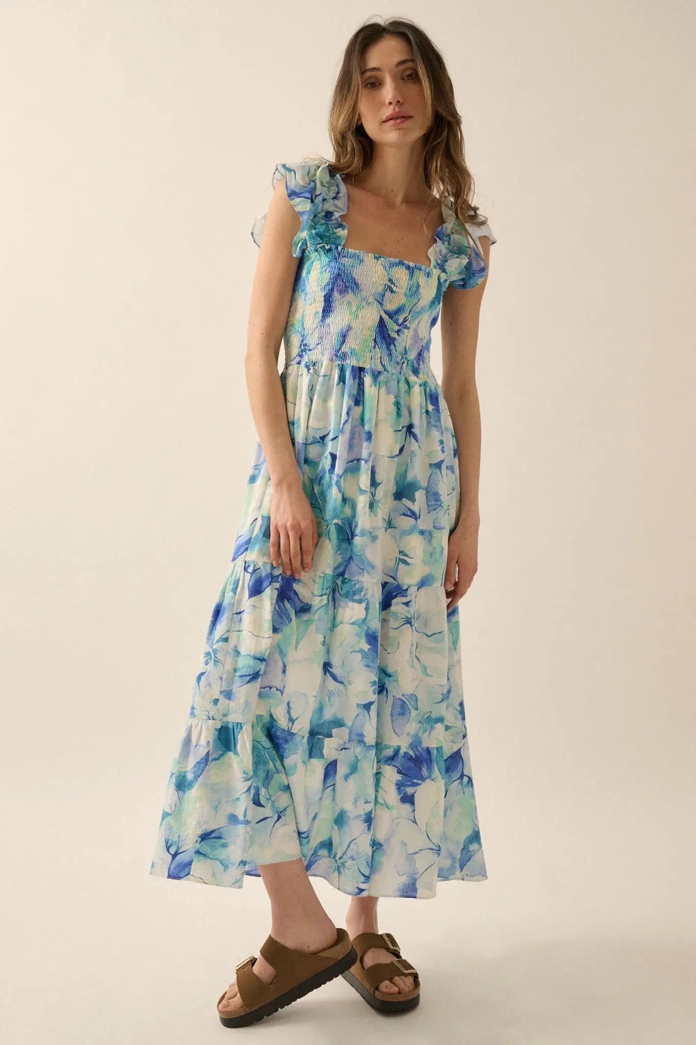 Cyan Blossoms Floral Smocked Ruffle Midi Dress