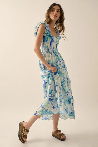 Cyan Blossoms Floral Smocked Ruffle Midi Dress