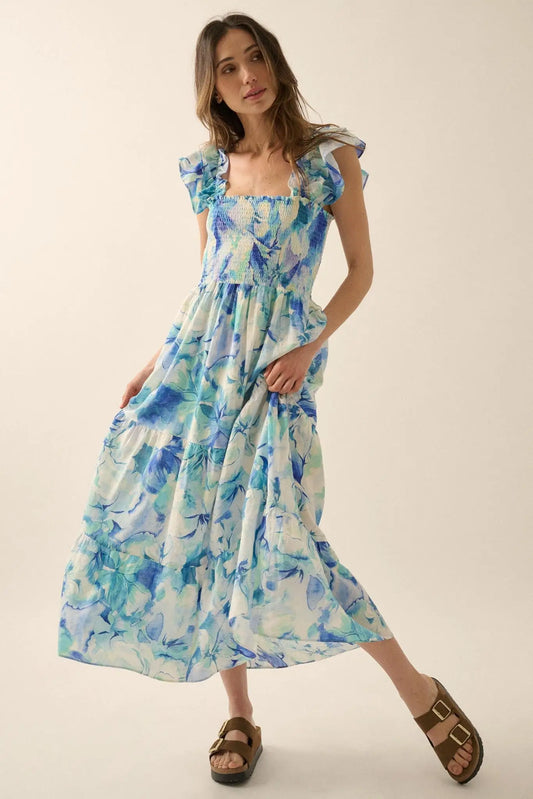 Cyan Blossoms Floral Smocked Ruffle Midi Dress