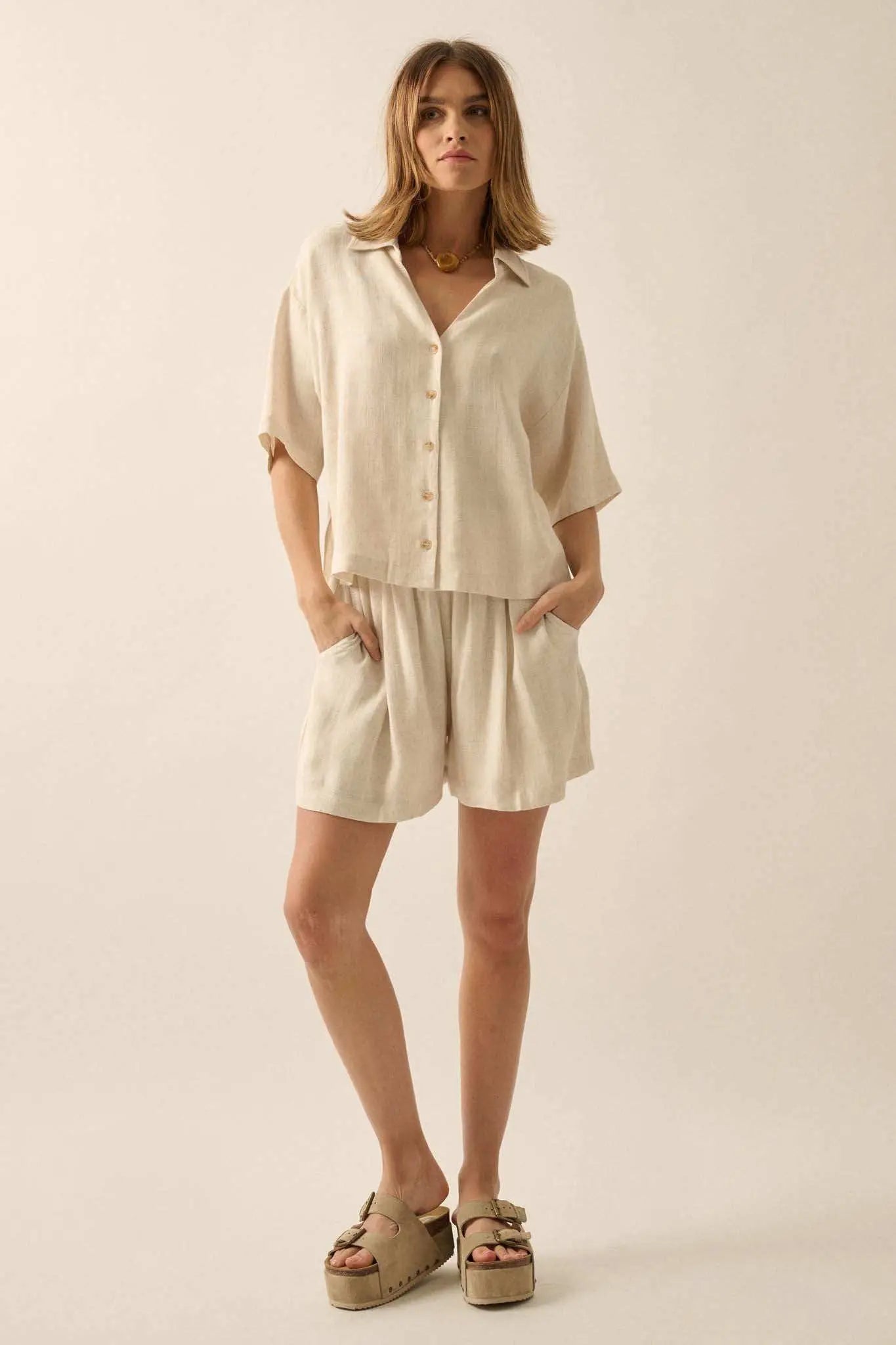 Natural Order Linen-Blend Pleated Wide-Leg Shorts