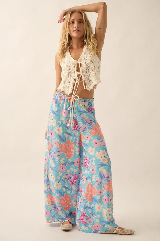 Let It Grow Floral Crepe Wide-Leg Drawstring Pants