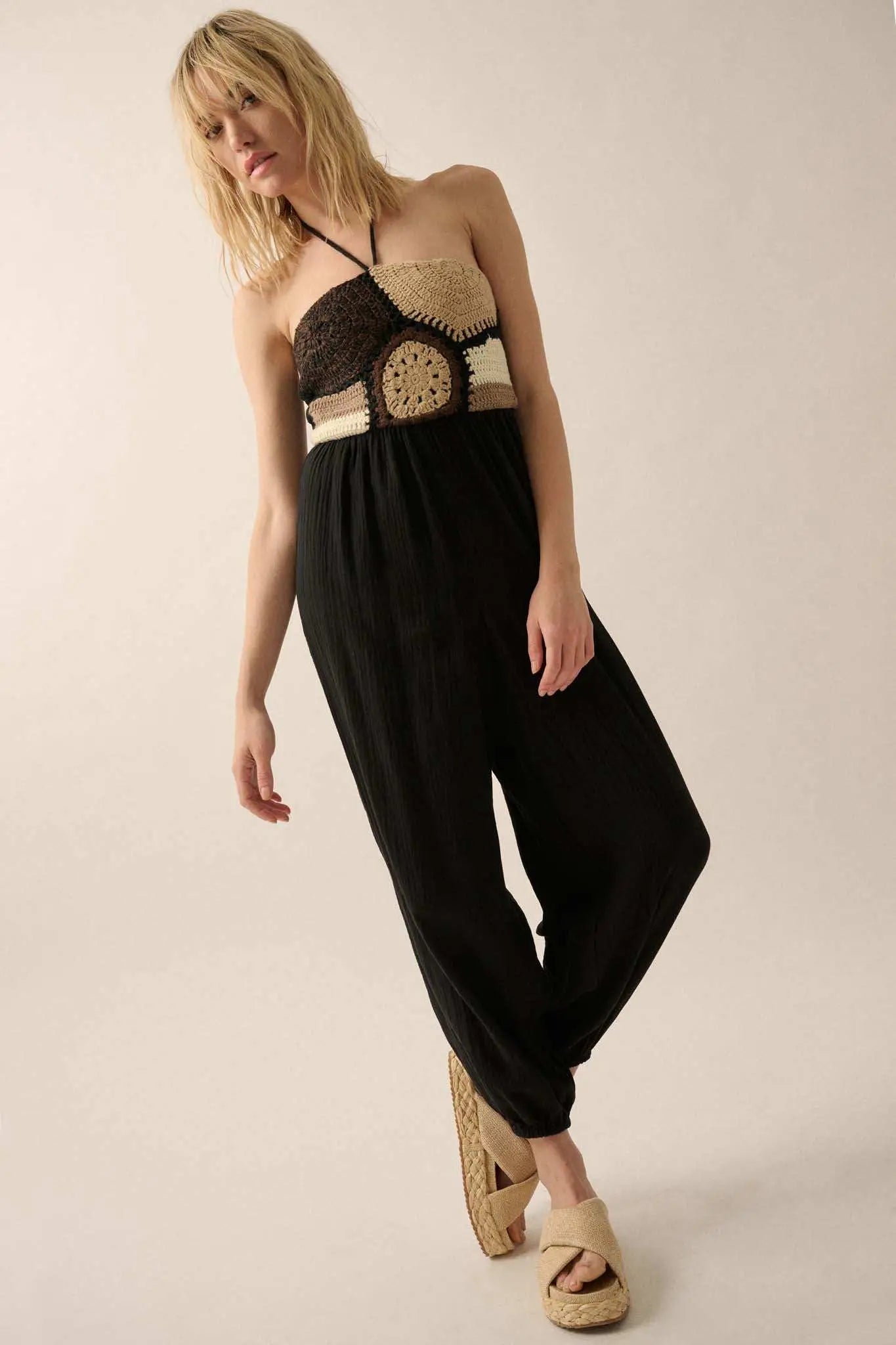 Mother Earth Crochet-Bodice Halter Jumpsuit
