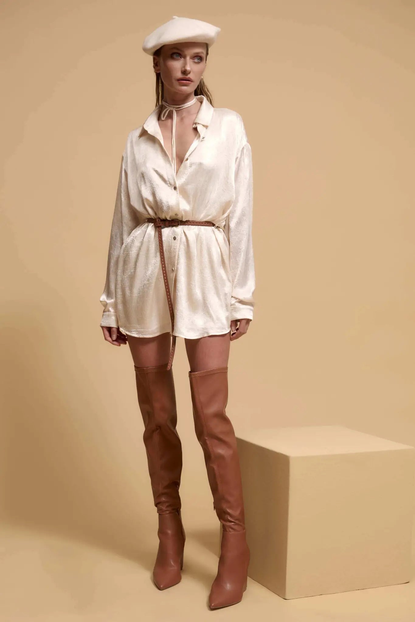 Luxe Aesthetic Textured Satin Belted Shirt Romper