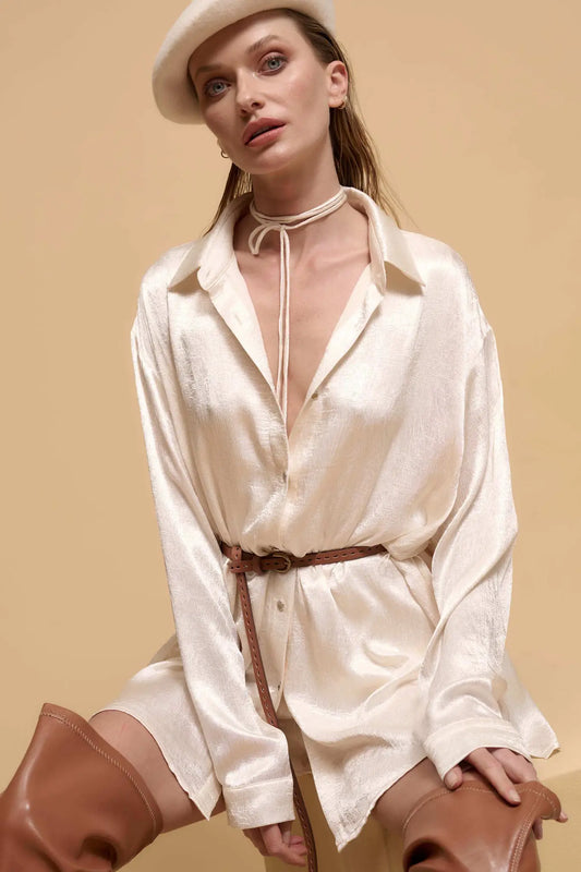 Luxe Aesthetic Textured Satin Belted Shirt Romper