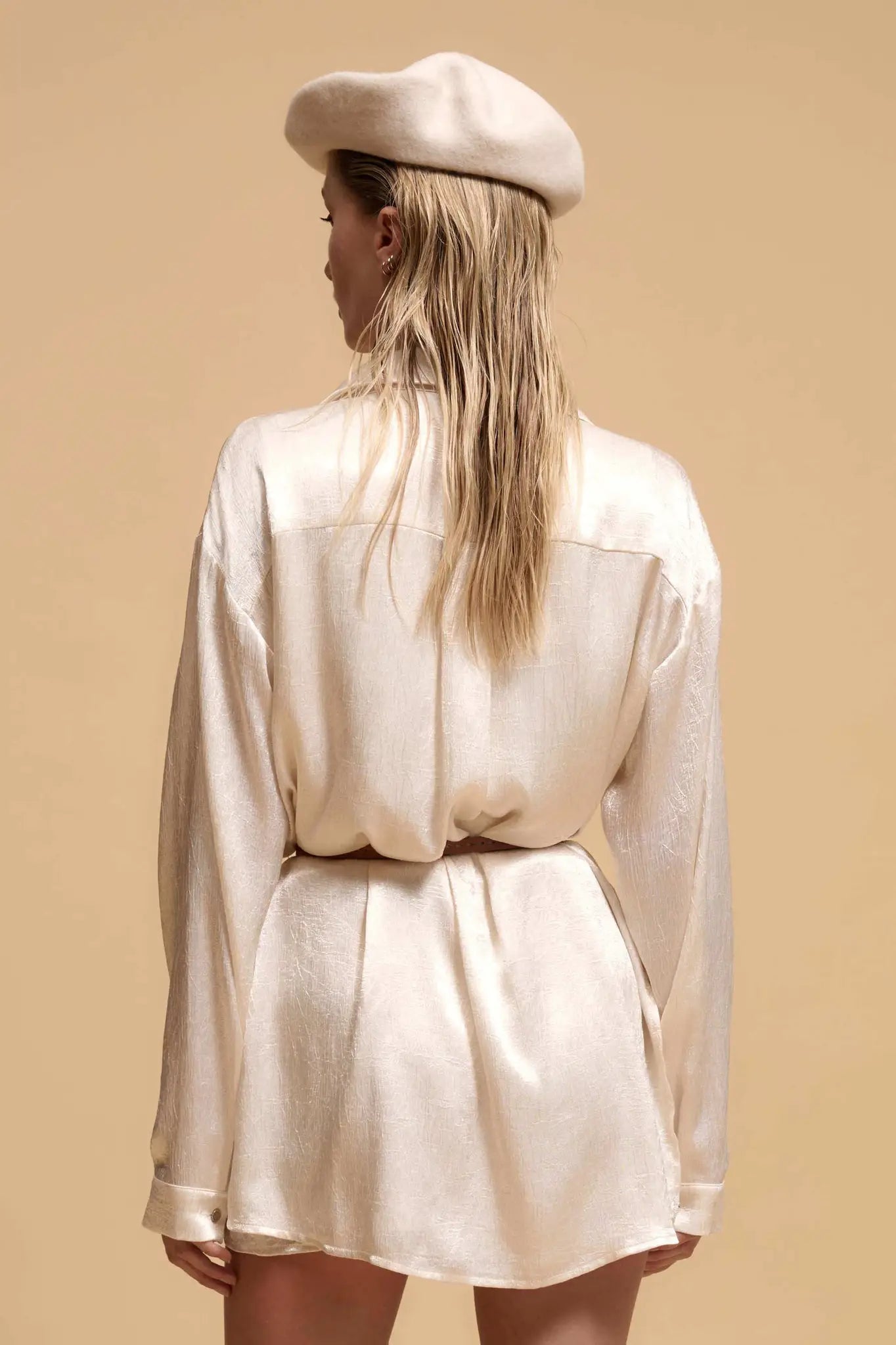 Luxe Aesthetic Textured Satin Belted Shirt Romper