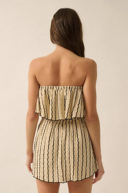 Rolling Wave Striped Knit Strapless Flounce Romper