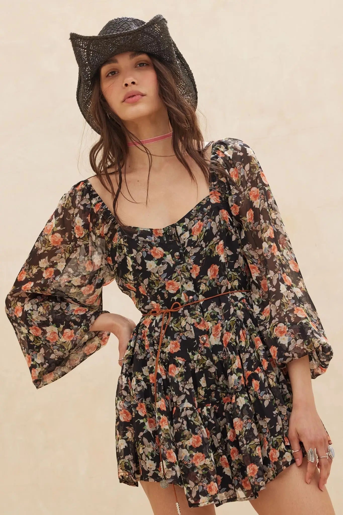 Graceful Garden Floral Chiffon Tiered Romper Dress
