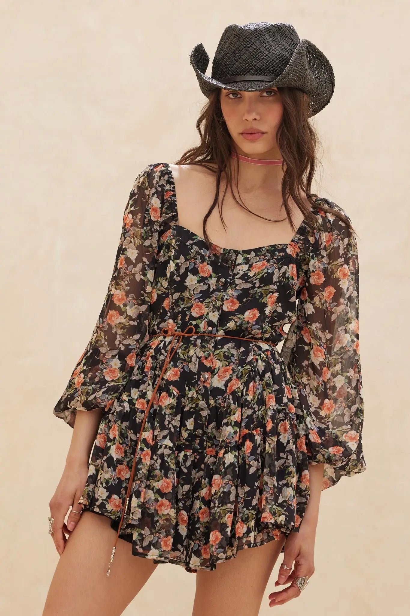 Graceful Garden Floral Chiffon Tiered Romper Dress