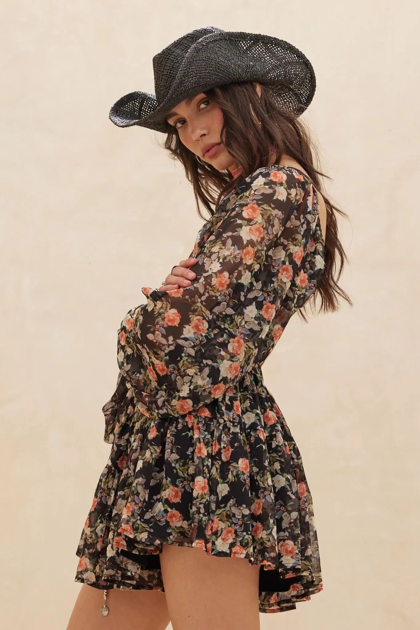 Graceful Garden Floral Chiffon Tiered Romper Dress
