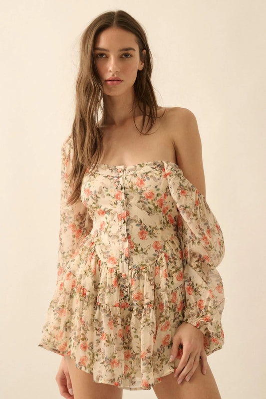Graceful Garden Floral Chiffon Tiered Romper Dress