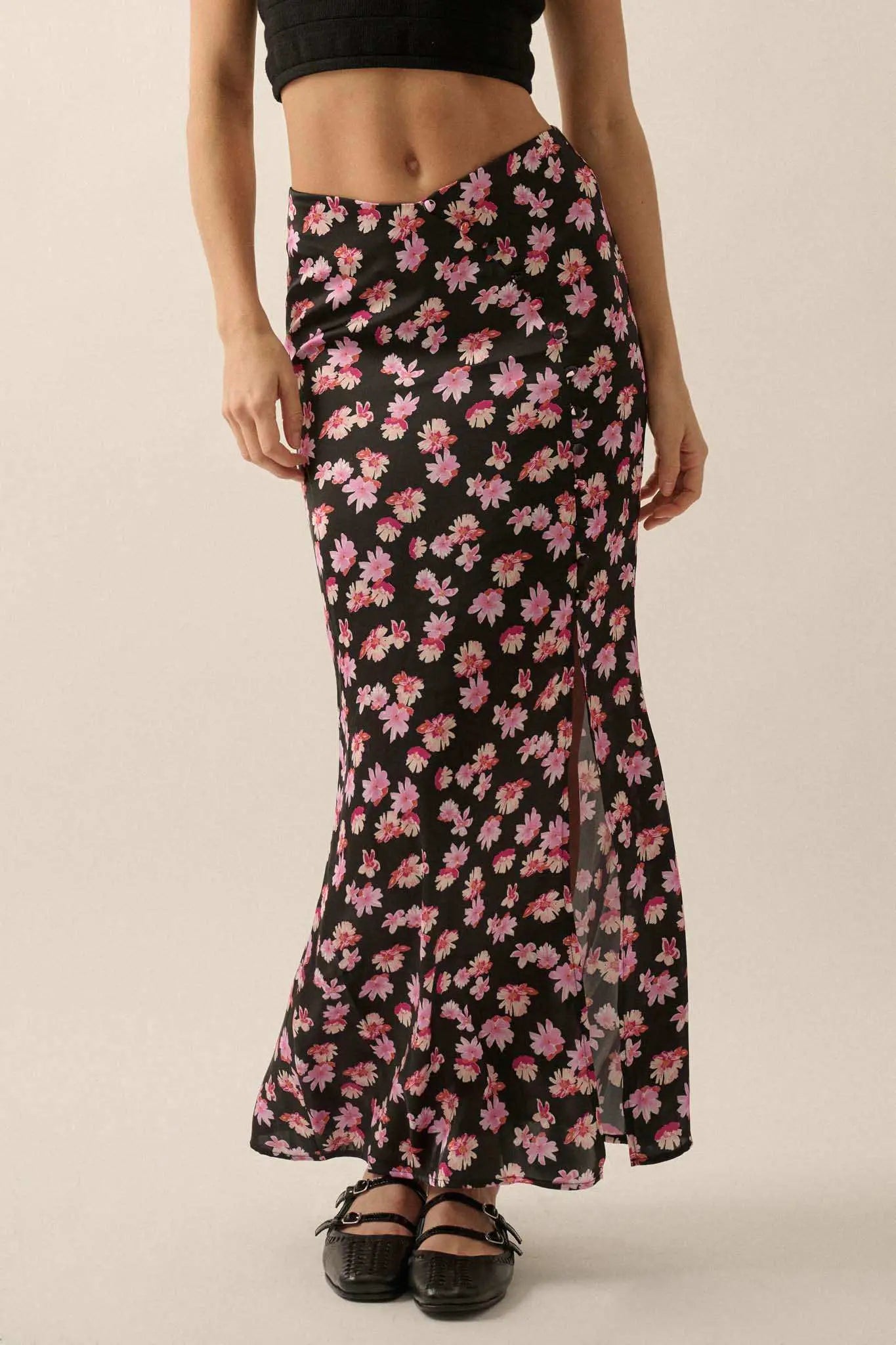 Sassy Blossoms Floral Satin Buttoned Maxi Skirt
